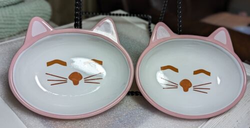 Set of Cat Shaped Kitten Stoneware Food Water Bowls Pink - Picture 1 of 12