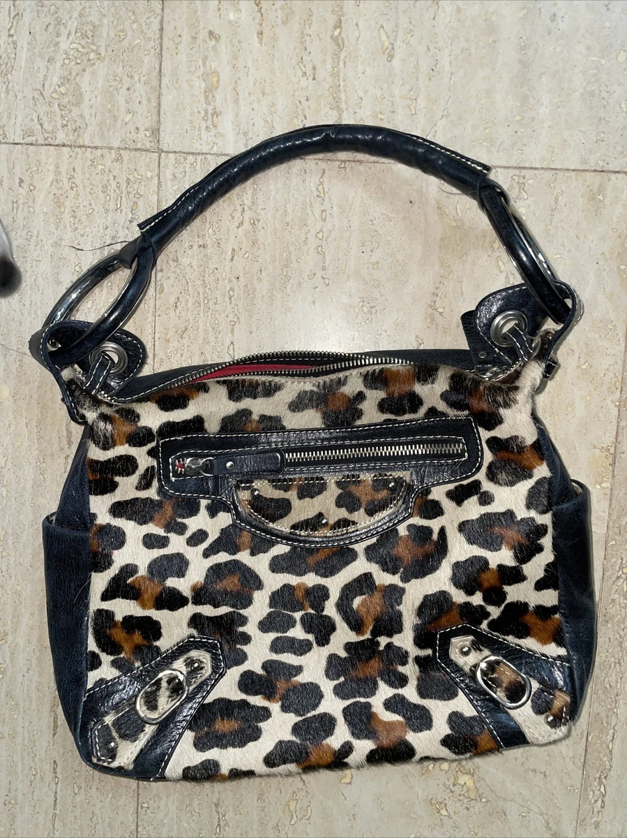 VINTAGE HELEN WELSH M BLACK LEATHER PRINTED FUR HOBO / TOTE BAG, ITALY
