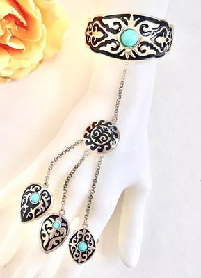Turquoise Sterling Cuff Hand Chain Harem Slave Bracelet 3 Attached Rings New
