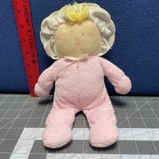 Eden Baby Girl Doll Pink Bonnet Terry Cloth Blue Eyes Blonde Lovey Plush 11