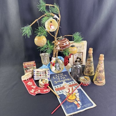19pc Antique Vintage Christmas Decor Lot 1920s Horns Ornaments Toys Victorian