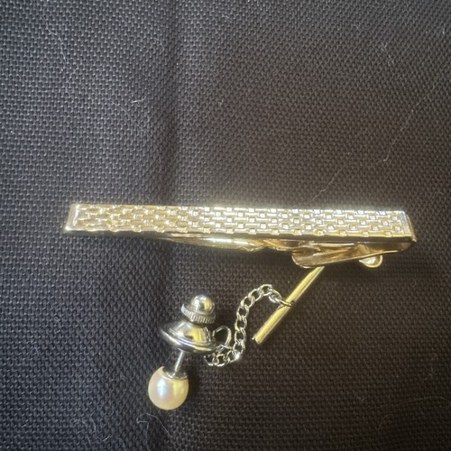 Swank Gold Tone Tie Clip Bar & Ivory Pearl Tie Pin Tack Silver Tone Set Of 2 Vtg - Picture 2 of 6