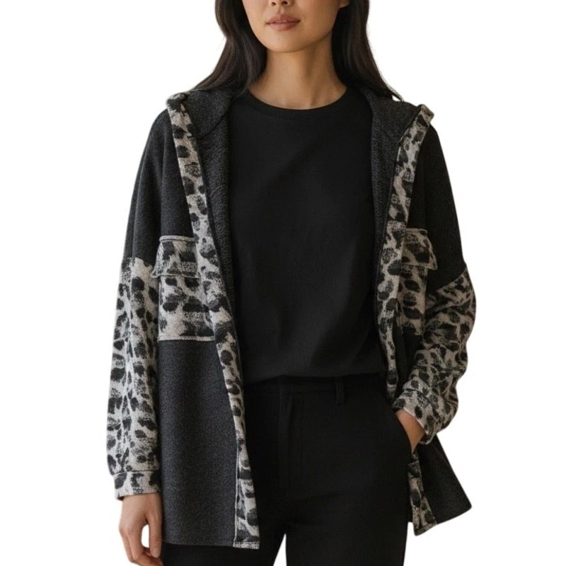 Hailey & Co NEW Leopard Hoodie Womens Large Black Fuzzy Shacket Jacket NWT