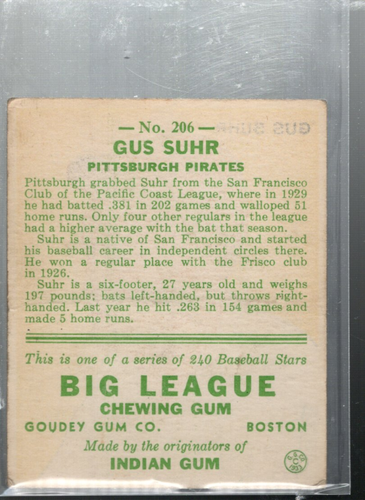 B7032- 1933 Goudey #206 Gus Suhr RC (ROOKIE CARD) - G (Buono) -VG (Molto Buono) - Foto 2 di 2