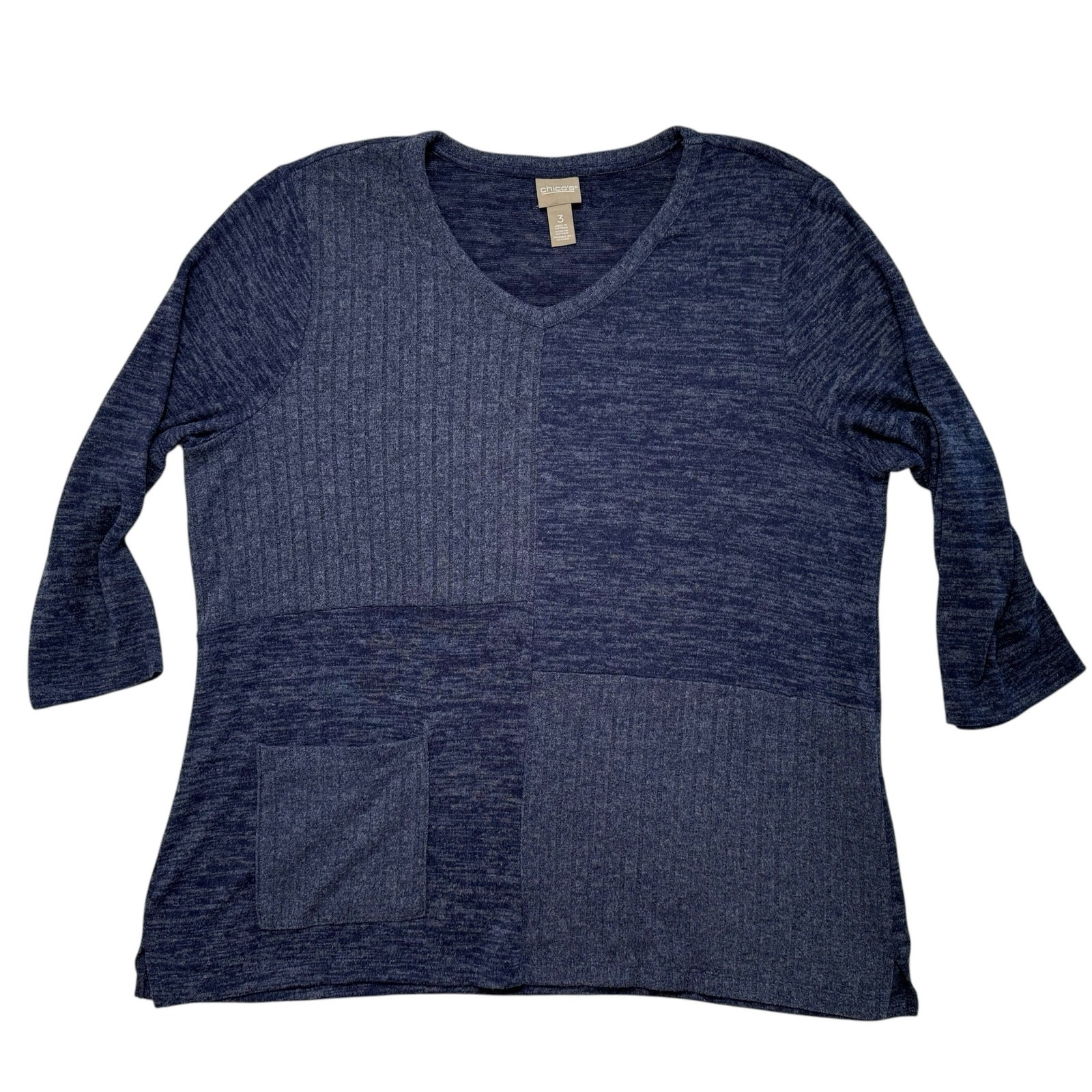 CHICOS Denim Blue Patchwork Knit Pullover Sweater… - image 4