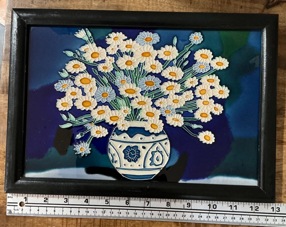 Ceramic Tile Floral Decorative Art Vintage 2002 13 inches framed. - Image 2 of 3