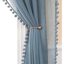 Vorhänge Blau Kinderzimmer 2er-Set Transparent Pompons Gardinen Dekoschals