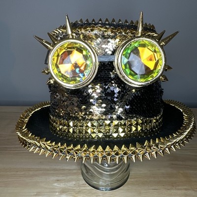 Gold Sequin Steampunk Top Hat Spiked Kaleidoscope Goggles Burning Man Rave Punk