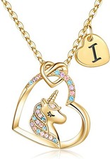 Unicorn Necklace Gifts for Girls Daughter - Colorful CZ Heart Pendant Initial