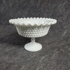 White Pedestal Compote Bowl Hobnail Milk Glass 8"W×5.5" H Granny Cottagecore MCM