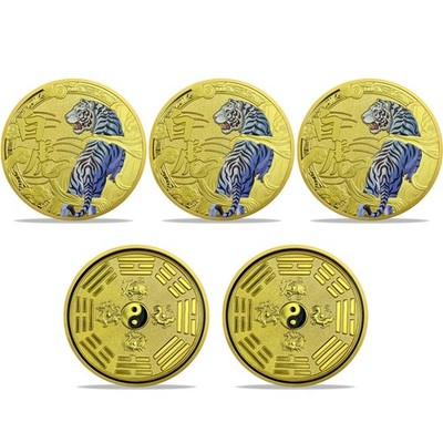 5pcs Lucky White Tiger & Yin Yang Feng Shui Coin Chinese Zodiac Challenge Coin