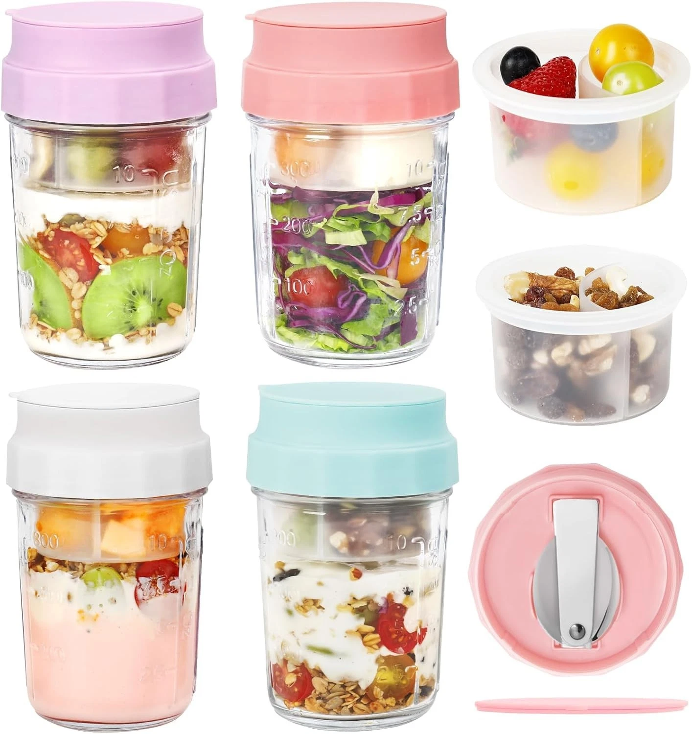 16oz Overnight Oats Jars, Yogurt Containers with Lids and Folding Spoons, 4 P...