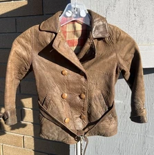 Vtg 1930’s Kids Leather Aviator Motorcycle Biker Belted Jacket Double Breasted 8