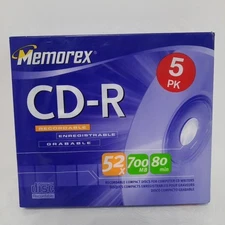 New Sealed MEMOREX Music  CD-R  5 Pack 52X  700MB  80min Recordable Compact Disc