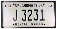 Oklahoma 1982 RENTAL TRAILER License Plate J 3231 - Very Nice!