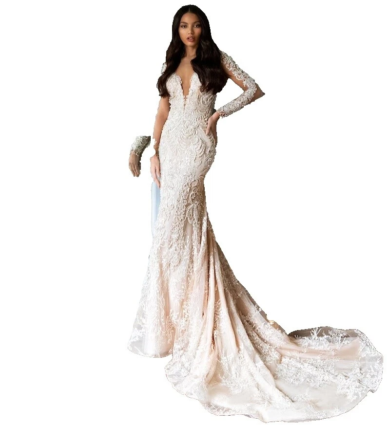 Trompeta y cristal/Diamante Sirena manga larga vestidos de novia