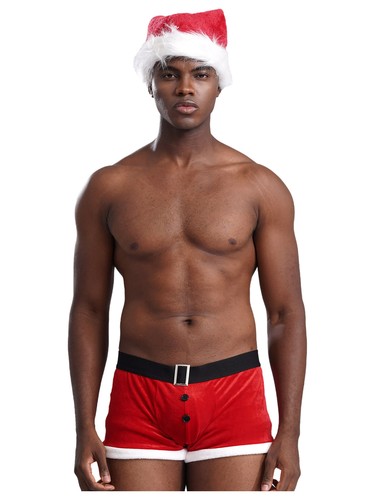 Conjunto de Navidad para Hombres Trajes de Papá Noel Terciopelo Bikini Calzoncillos Ropa Interior Rojo Sombrero de Papá Noel - Imagen 8 de 39