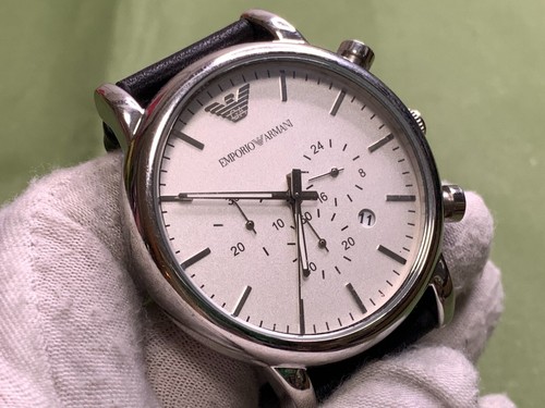 Emporio Armani AR1807 Chronograph Date Silver Dial Leather Men's Quartz Watch