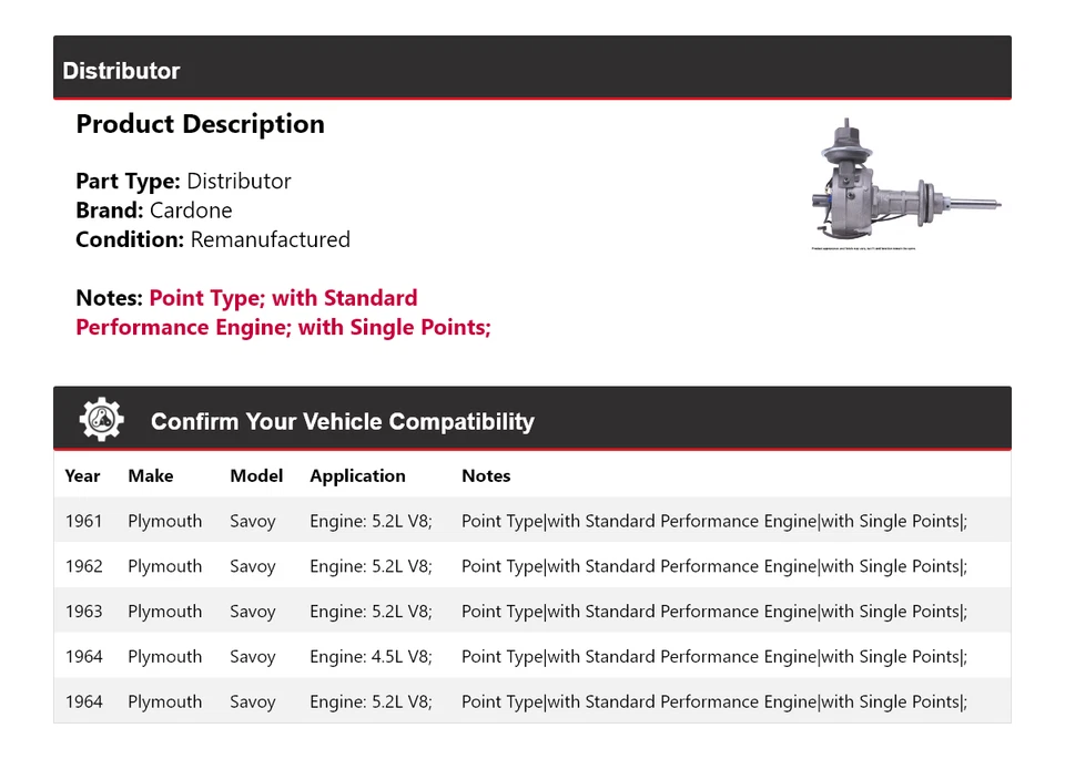 Для 1961-1964 Plymouth Savoy дистрибьютор Cardone 1962 1963 - Изображение 2 из 4
