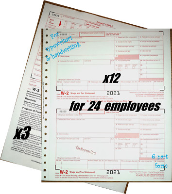 2021 IRS Tax Forms W-2 Wage Stmts 24 employees CARBONLESS 6-pt + (3)W-3 NO Env
