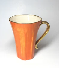 New! L'Objet LOTUS TANGERINE Embossed Ribs TALL MUG  with Gold Trim 5 1/4"