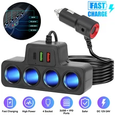 4 Way Car Cigarette Lighter Socket Splitter USB Fast Charger Power Adapter 12V