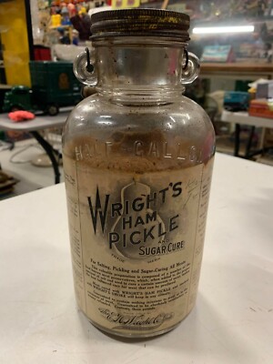 Vintage RARE Wright's Ham Pickle Half Gallon Glass Jar Paper Label NOS Country S