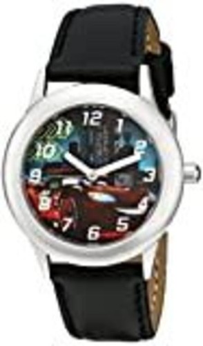 Disney Kids' W001590 Cars Lightning McQueen Stainless Steel Watch, Black Leather