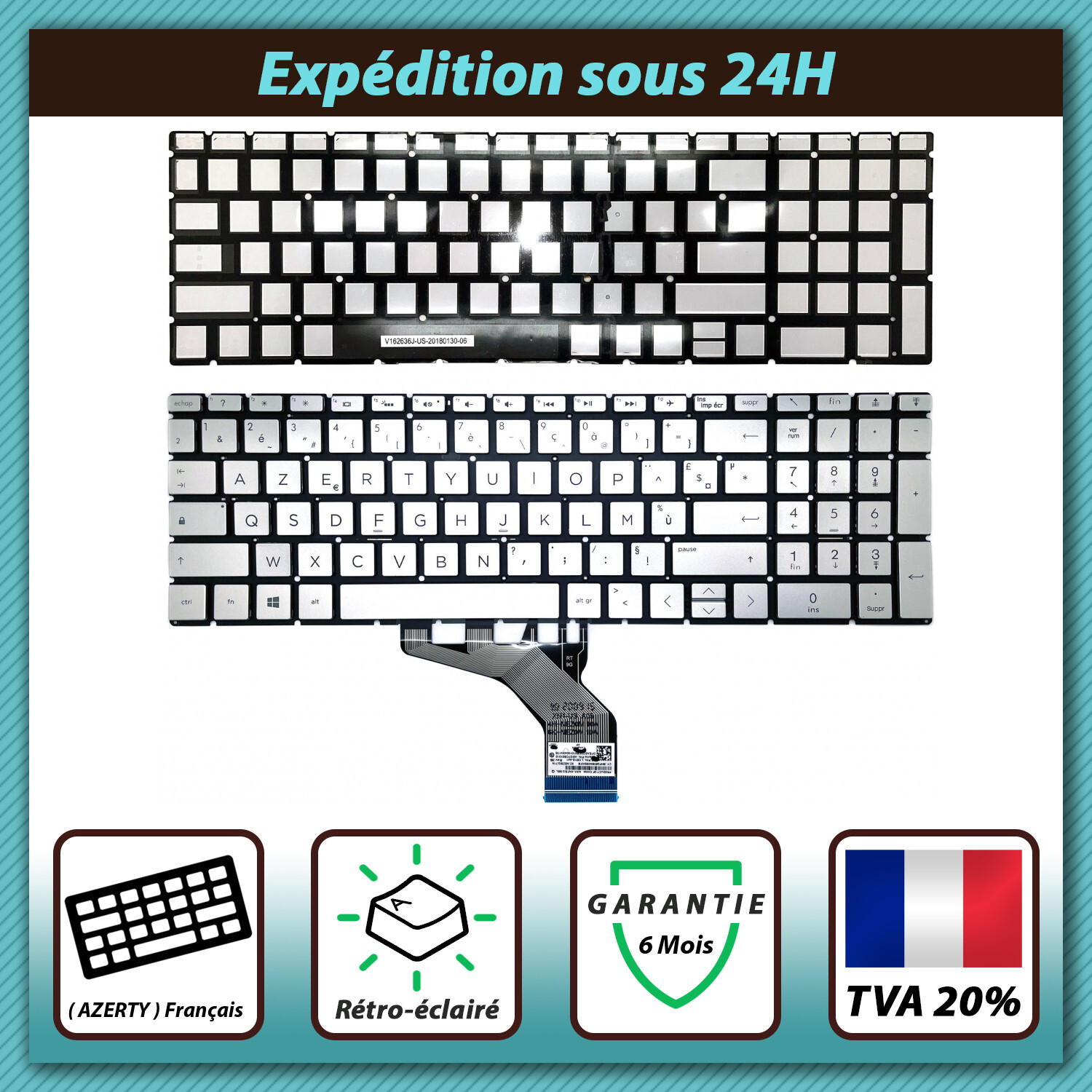 Clavier français AZERTY HP Notebook pour remplacer les touches usées de votre 15-DB