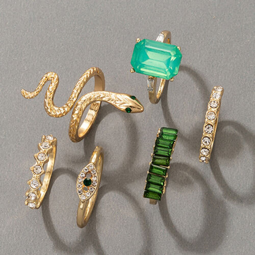 6pcs/set Luxury Green Rhinestone Snake Rings for Women Vintage Crystal Jewel P3 - Picture 1 of 6