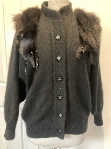 Vintage Black Angora Cardigan With Real Fur Stole Attached M L Goth Victoriana - Picture 7 of 17