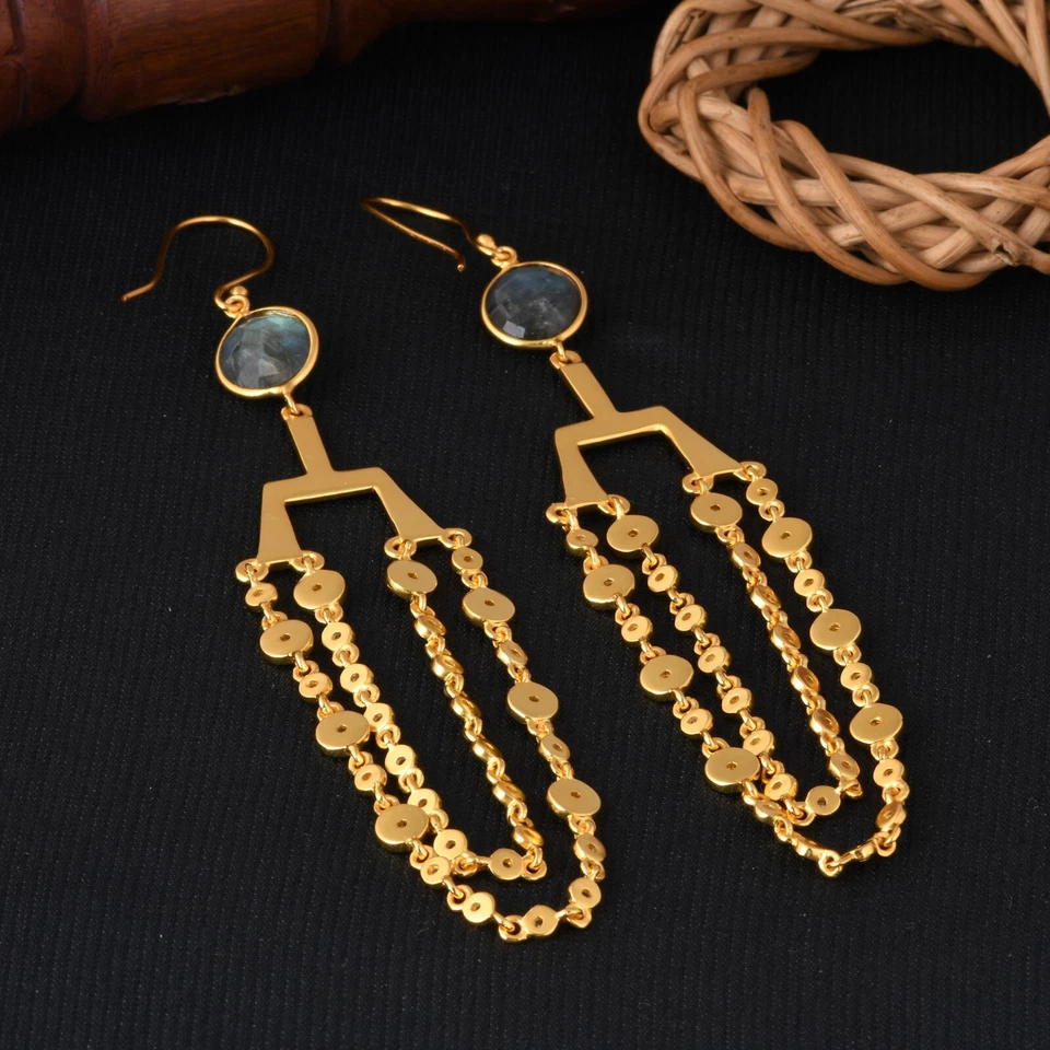 Pendiente araña cadena chapada en oro Gift For Love con labradorita, topacio blanco Foto 3 de 4