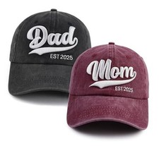 2PCS Mom and Dad EST 2025 2026 Hat, 3D Embroidered One Size Black and Burgundy