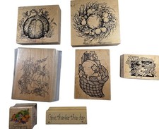 Thanksgiving Wooden Rubber Stamp Set With Pumpkins Wreaths Seasonal Greetings