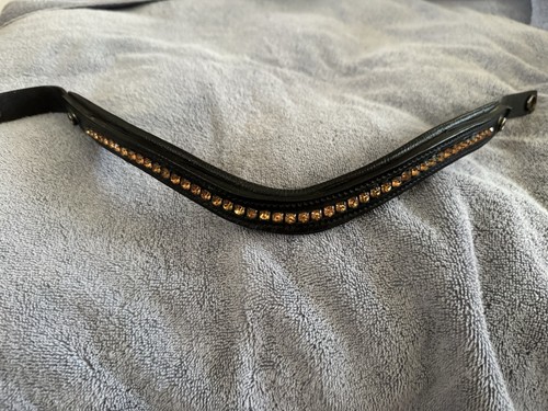Black Leather Padded Browband With Snaps Amber Crystals