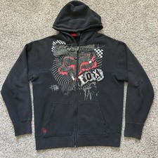 Sudadera con Capucha Y2K Fox Racing de Colección Cremallera Talla L Negra/Roja Grunge Sudadera Chaqueta
