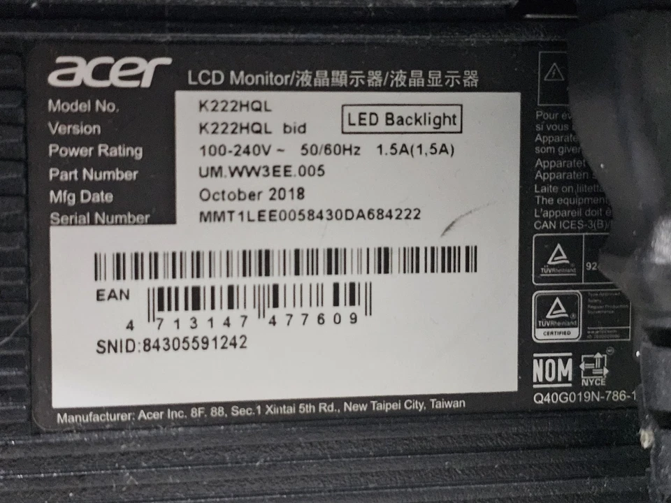 Acer K222HQL 21.5" LED Monitor – Fully Working – No Wi-Fi – Cracks on Frame - Image 2 of 4