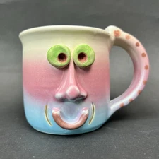 JK Dryden Funny Face Mug 1992 Signed Glazed Handmade Pottery Unique Silly