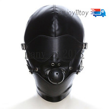 Newest Faux Leather Blindfold Restraints Headgear Slaves Binding Hood Mouth Gags