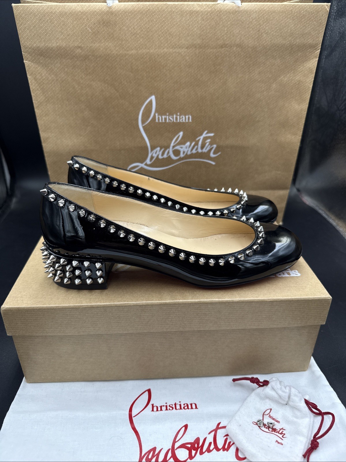 Christian Louboutin Agnes Black Patent Low Block  Heels Studs Uk 4.5 Eu 37.5 New