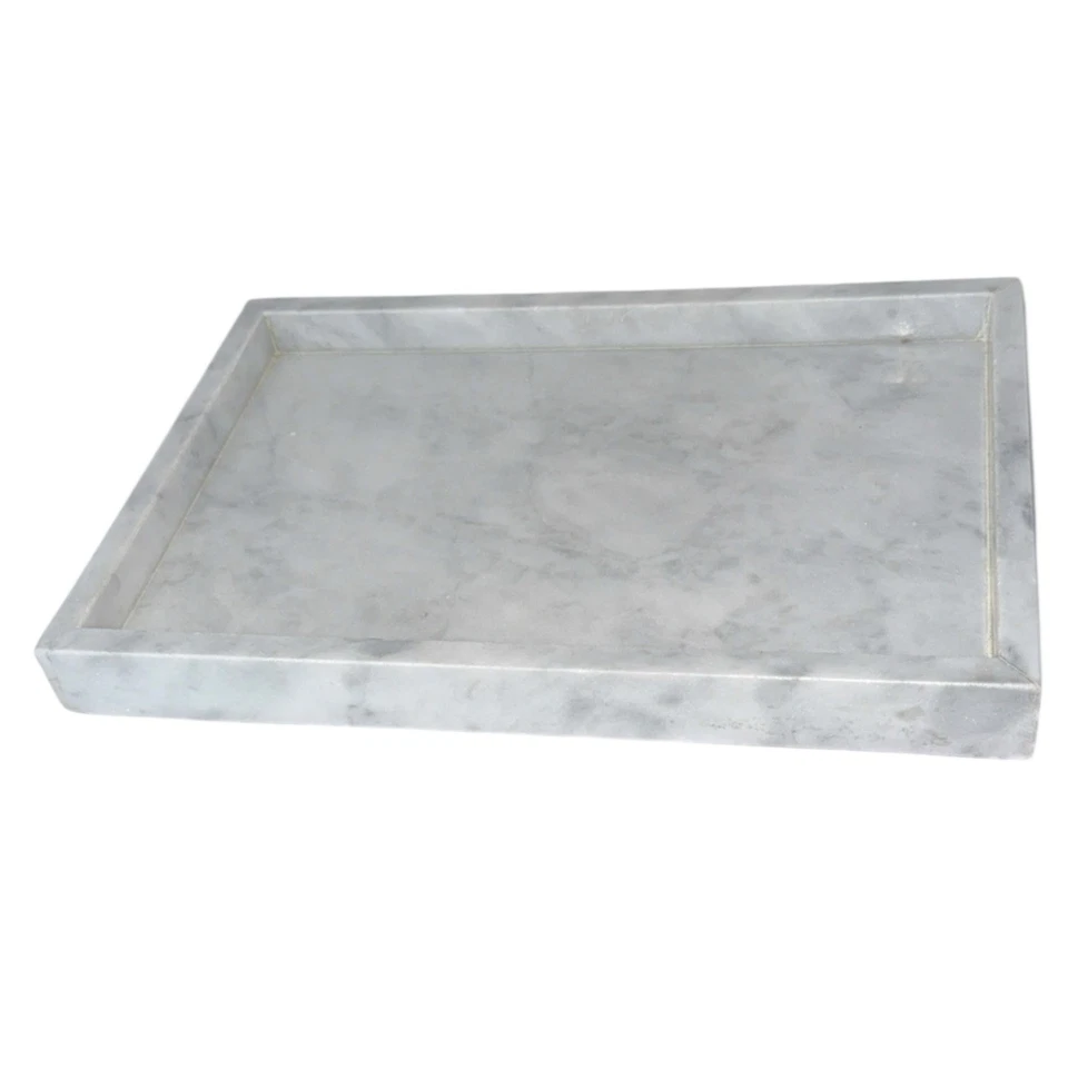 Solid Marble Vanity Tray – White Gray Carrara-Style Rectangle Stone Organizer - Image 3 of 4