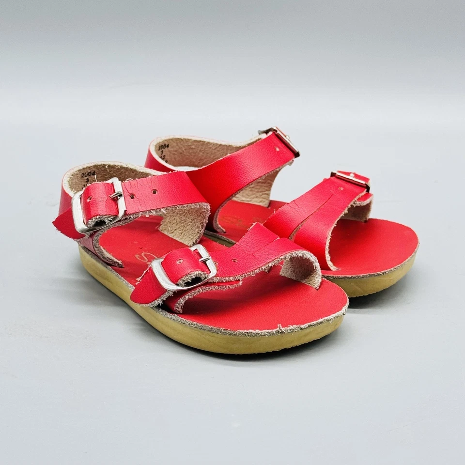 Sandalias de agua salada niño pequeño 3 cuero rojo Sun San Sea Wee hebilla correa verano niño Foto 2 de 4