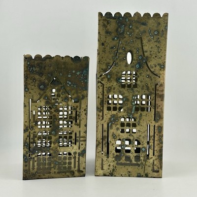 Pair Nesting Brass India House Candle Luminaries Verdigris 1940s-60s Vintage