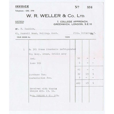 1957 Billhead W.R Weller & Co, Elektroingenieure Greenwich LONDON