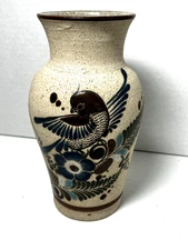 Vtg Pottery Mexico Bird Signed Vase Handmade Tonala