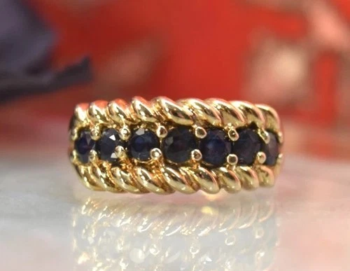 Vintage Sterling Gold Vermeil Natural Blue Sapphire 7 Stone Ring sz 5