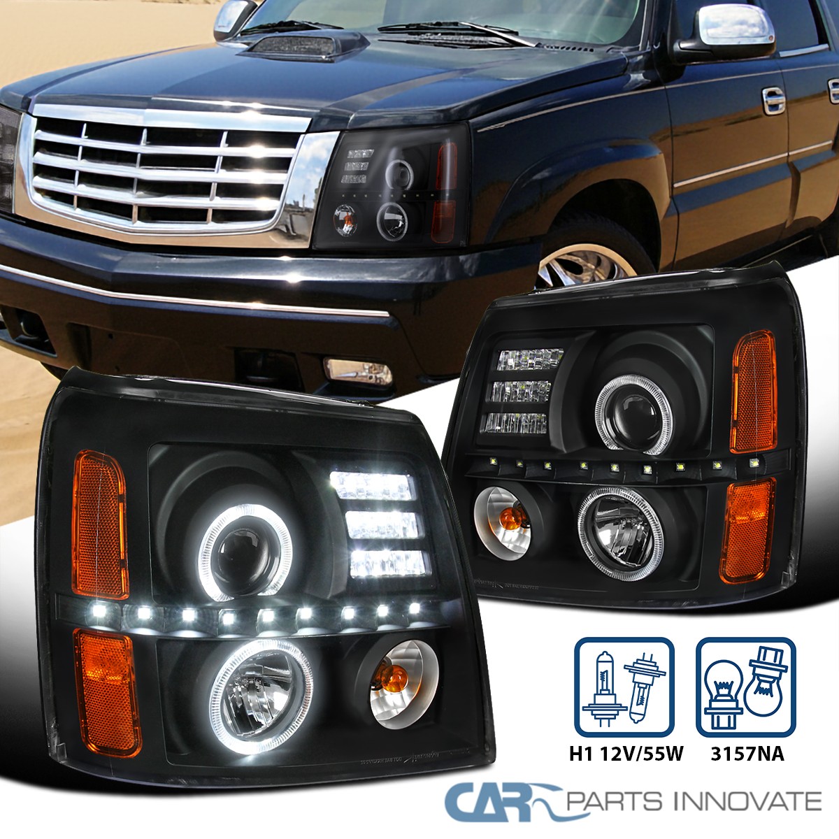 Black Fits 2002-2006 Cadillac Escalade LED Halo Projector