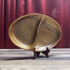 Beautiful Carved Mid Century Divided Wooden Serving Bowl 2 Sections VTG