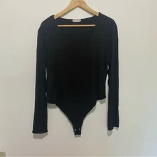 GOOD AMERICAN Asymmetric Neck Long Sleeve Bodysuit Black Size 5 (US 2XL) Stretch