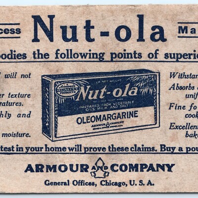 c1920s Armour Nut-Ola Margarine Blotter Trade Card Vegetable Oil Fake Butter 7M